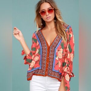 Free People Freshly Squeezed Coral Pink Print Top Women’s Small Boho